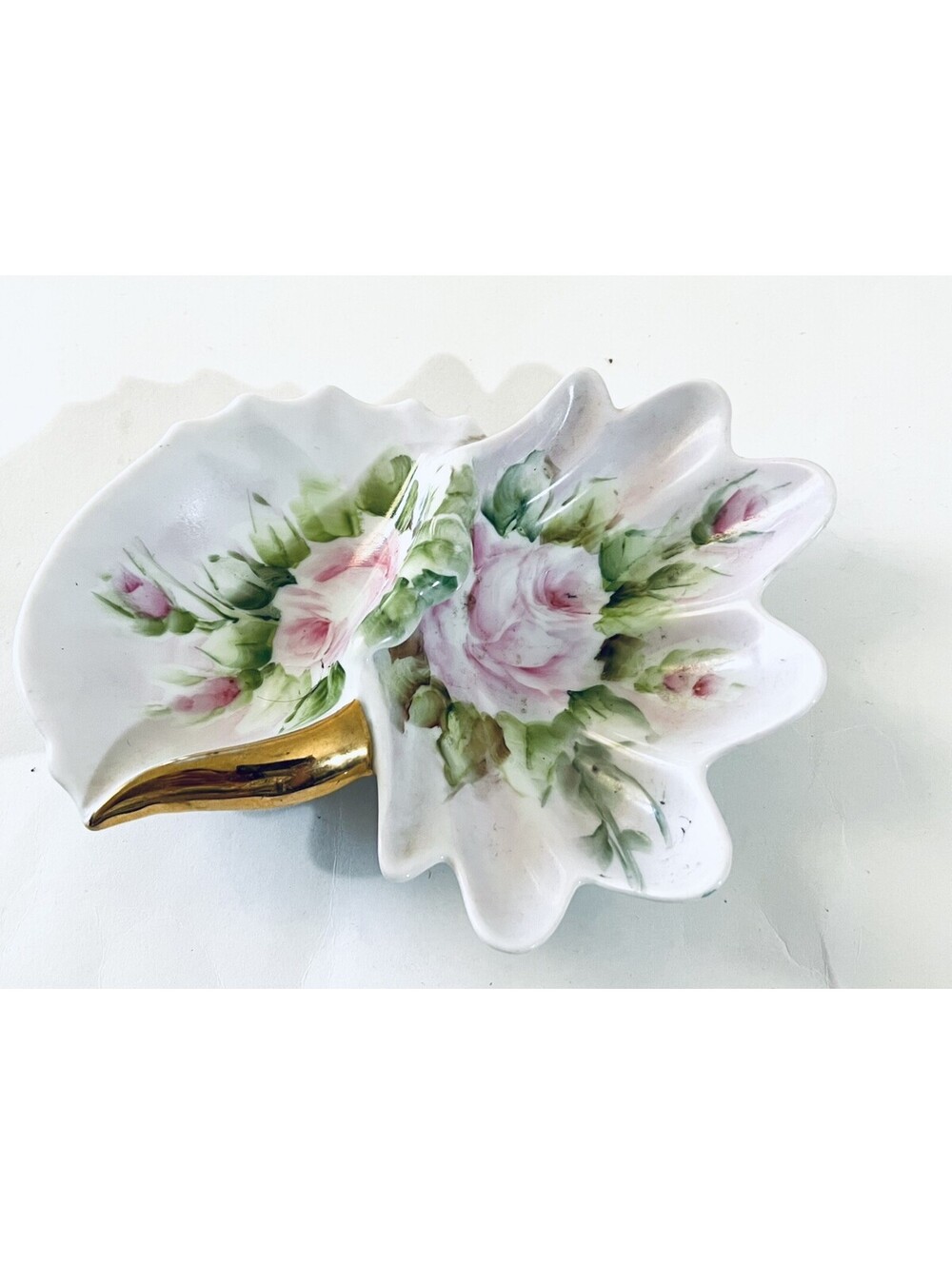 Vintage Porcelain Leaf Divided Relish Dish Hand Painted Roses Gold Handle 8”